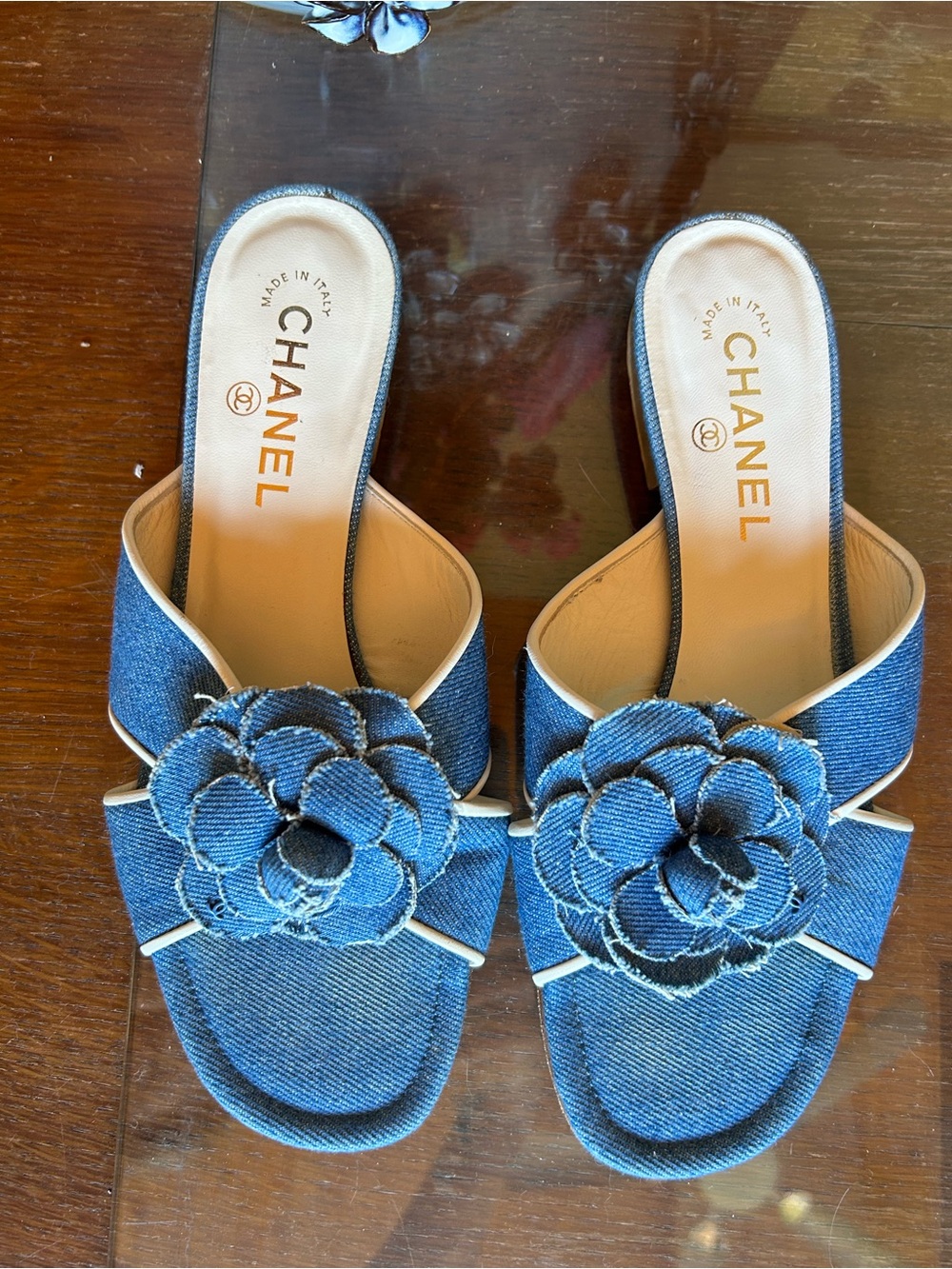 Chanel. EU 39.5 Denim Camellia Flat Sandals